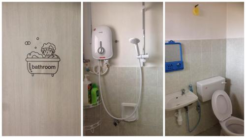 two pictures of a bathroom with a shower and a toilet at Super Cozy Homestay in Melaka