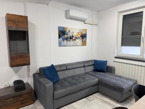 a living room with a gray couch and a window at La Lumina in Lumina