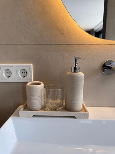 een plank met twee rollen toiletpapier en een zeepdispenser bij Studio Veluwe in Voorthuizen