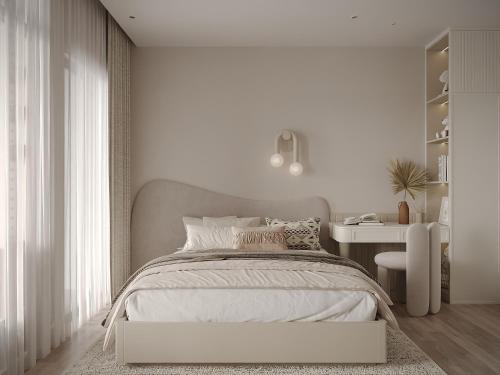 a white bedroom with a bed and a desk at Cozy Room Featuring Local Rattan & Bamboo in Ho Chi Minh City