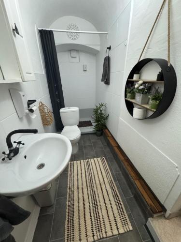 a bathroom with a sink and a toilet and a mirror at Korona Apartman Székesfehérvár in Székesfehérvár