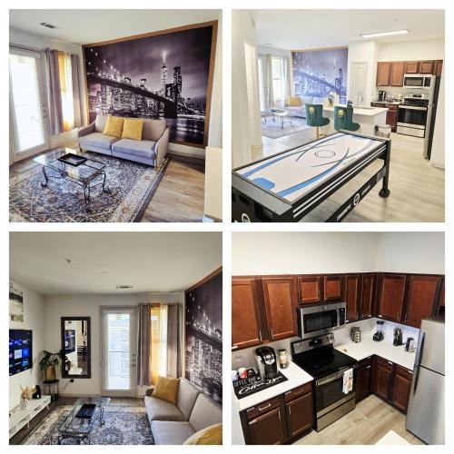 a collage of photos of a kitchen and a living room at Frisco Vibes With Pool Gym and Elegant 1BR Apart in Frisco