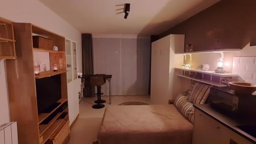 a living room with a couch and a table at Gezellige studio met balkon - Santhooft centrum Nieuwpoort-bad in Nieuwpoort