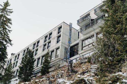 a building on top of a mountain with trees at Totem, Friendly Hotel & Spa in Flaine