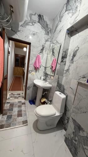 une salle de bains avec toilettes et lavabo dans l'établissement Cozy Flat, à Tirana