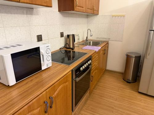 eine Küche mit Mikrowelle und Spüle in der Unterkunft Enereltsogtsolbor in Ulaanbaatar