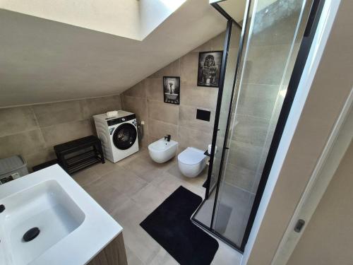 a bathroom with a shower and a sink and a toilet at Moderna Mansarda con parcheggio gratuito in Diano dʼAlba