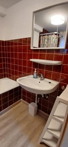 a bathroom with a white sink and a tub at Ferienwohnung Alte Scheune in Westerburg
