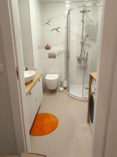 a bathroom with a shower and a toilet and a sink at Apartament MAXIM in Słupsk