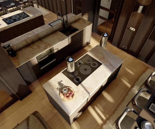 an overhead view of a kitchen with a stove at Fredvang Lodge, Lofoten in Hovdan