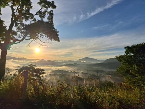 a view of a foggy valley with a tree and the sunset at HAVEN-Your Private Mountain Sanctuary in Talatuoya