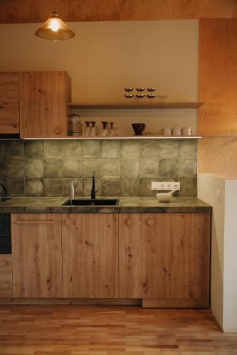 a kitchen with wooden cabinets and a sink at Ліс Снів in Tatariv