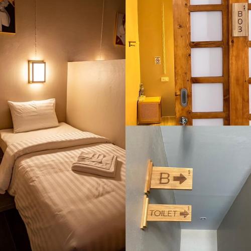 two pictures of a room with a bed and a sign at Miki House in Chumphon