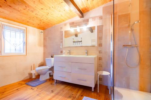 a bathroom with a toilet and a shower and a sink at Dame nature in La Tourette-Cabardès