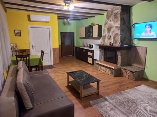 een woonkamer met een bank en een open haard bij стаи за гости TODA in Troyan