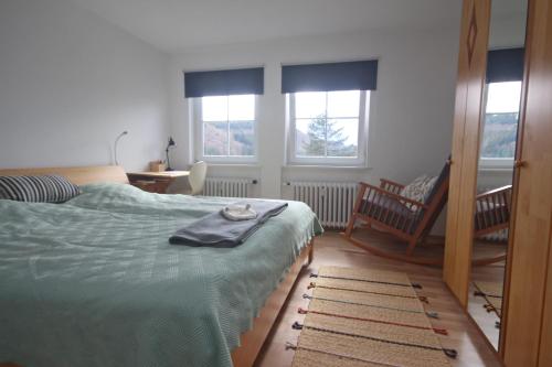 a bedroom with a bed and a chair and two windows at ÜbermTal in Schmallenberg