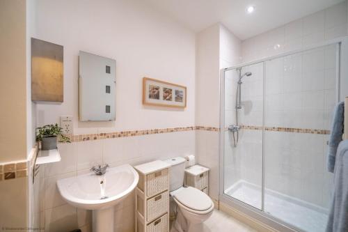 a bathroom with a toilet and a sink and a shower at Stones Throw in Woolacombe