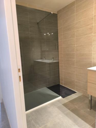 a bathroom with a shower with a tub and a sink at Kerhuella in Saint-Ségal