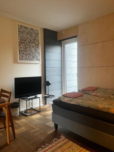 a bedroom with a bed and a flat screen tv at Anneks med eget toilet og bad - gratis parkering in Horsens