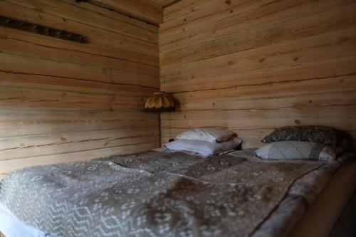 a bedroom with a bed in a wooden wall at Kukučio ausy in Trasninkas