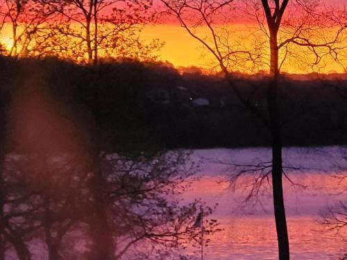 una puesta de sol sobre un cuerpo de agua con árboles en Home am See - Ferienwohnung, en Wamel