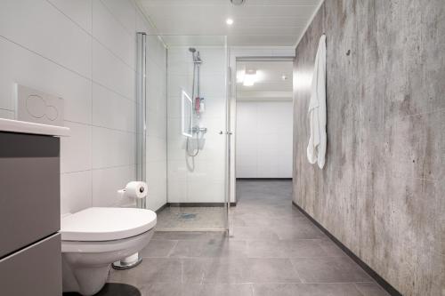 バルスタにあるSeaside apartment in Ballstadのトイレとガラスのシャワー付きのバスルーム
