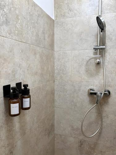 a bathroom with two bottles of soap in a shower at Ferienwohnung C und D in Oberthulba