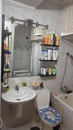 a small bathroom with a sink and a toilet at Palm Beach in Mansouria