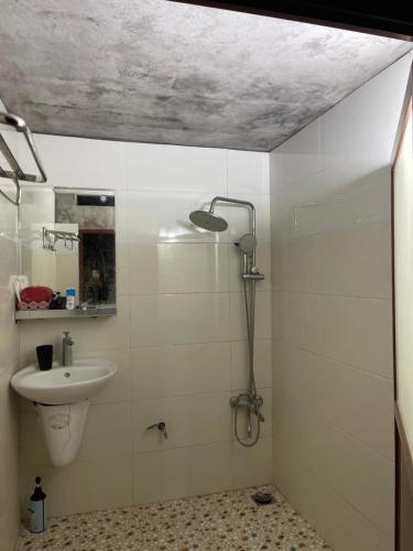 a bathroom with a shower and a sink at Bee Lucky Homestay in Hai Phong