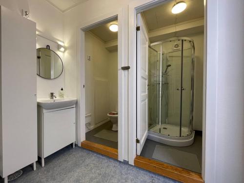ein Badezimmer mit Dusche, Waschbecken und Toilette in der Unterkunft Stavanger BnB 15 Central Apartment with Private Sauna Billiards in Stavanger