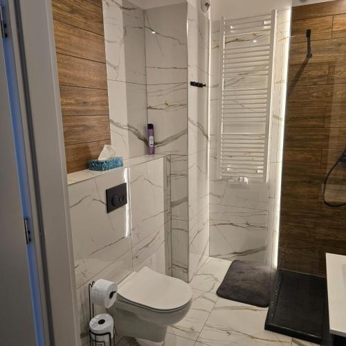 a white bathroom with a toilet and a shower at Pokoje Gościnne Polo in Częstochowa