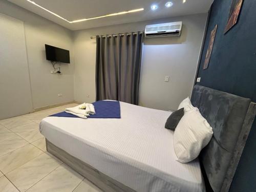 a bedroom with a large bed and a television at Garden City Hotel In Downtown in Cairo