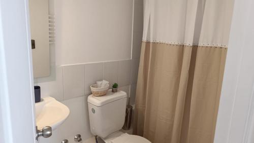 a bathroom with a toilet and a sink at Depto en condo, 1D 1B, aire estacionamiento, full in Curicó