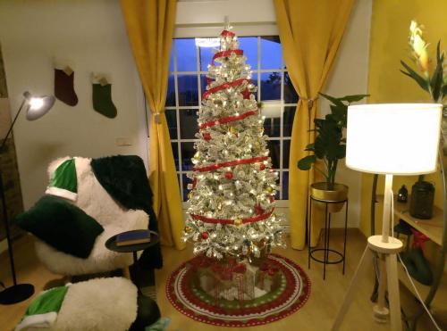 ein Weihnachtsbaum in der Ecke eines Wohnzimmers in der Unterkunft Casa Quercus Galicia a 17 minutos de Compostela! in A Estrada