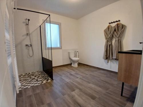 ein Badezimmer mit Dusche und Toilette in der Unterkunft Logement insolite avec Jeux et Jacuzzi in Soulosse-sous-Saint-Élophe