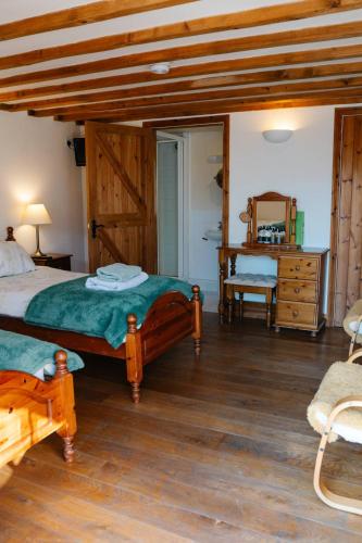 a bedroom with a bed and a dresser and a mirror at Henllys Estate B and B in Llandovery