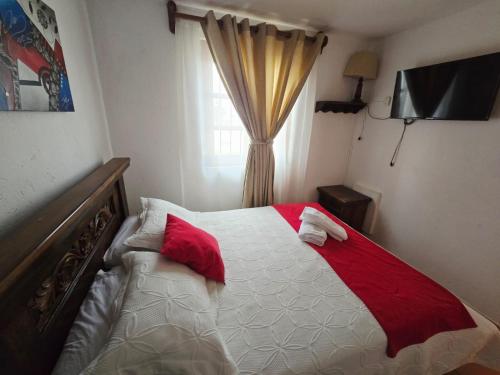 a bedroom with a bed with red pillows on it at Aparta Hotel El Refugio de María in Villa de Leyva