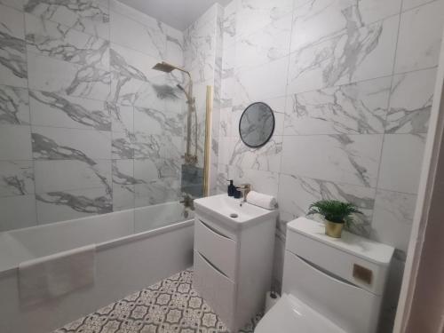 サンダーランドにあるSunderland Two Bed Apartmentsのトイレ、洗面台、鏡のあるバスルーム