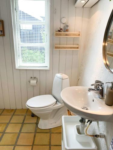 a bathroom with a toilet and a sink at Beachfront House At Hølken Beach in Odder