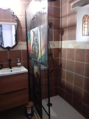 a shower with a glass door next to a sink at Le terrier des sorciers in Crémieu