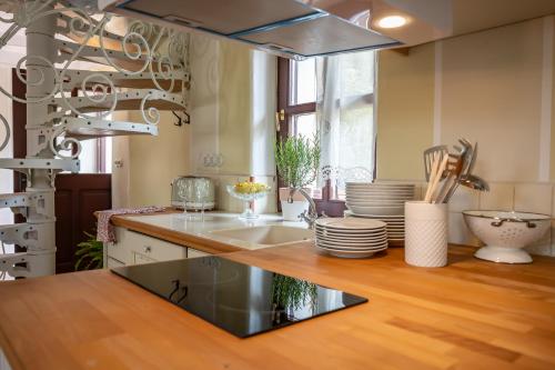 a kitchen with a sink and a counter with dishes at Apartmaji Hiša kranjske čebele in Višnja Gora
