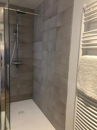 een badkamer met een douche met een glazen deur bij La Suite 81 in Yzeure