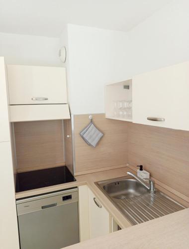 a small kitchen with a sink and a counter at Le Chant des Cigales in Azille