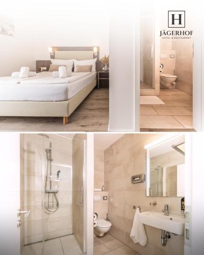 a collage of three pictures of a bathroom with a bed and a bathroom at Hotel Restaurant Jaegerhof in Kerpen