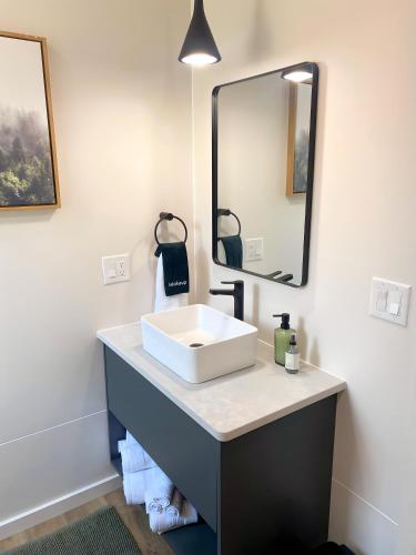 a bathroom with a white sink and a mirror at Glamping Cabin I Best Bay Views I Near Restaurants in Gouldsboro