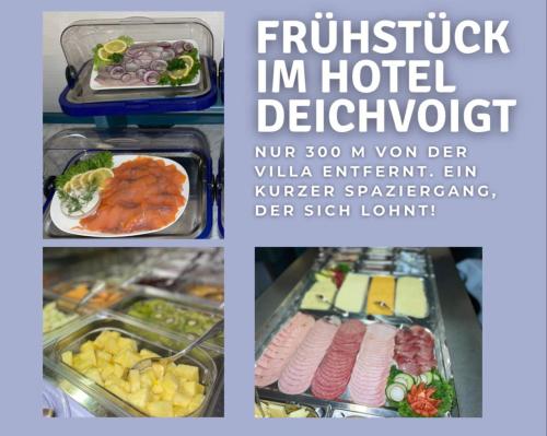 a collage of pictures of food in a refrigerator at Villa Deichvoigt in Cuxhaven