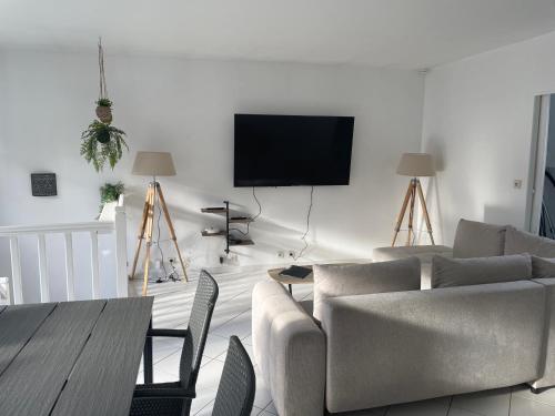 a living room with a couch and a flat screen tv at le Nid d Annie in Sancerre