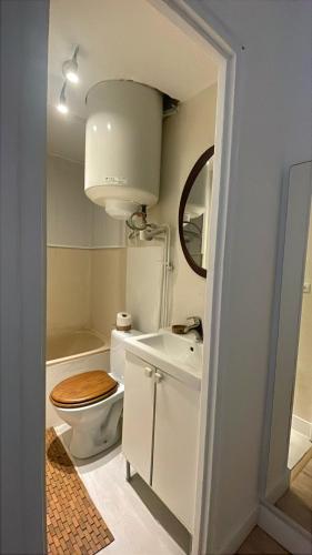 Un baño con inodoro, lavabo y espejo. en Studio République, en Nantes