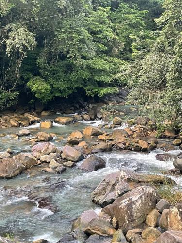 a river with rocks and trees in the background at Cabaña con fogata BBQ y ríos cerro azul in Los Altos de Cerro Azul