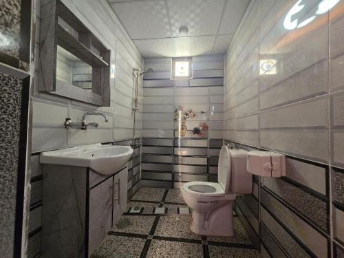 a bathroom with a pink toilet and a sink at SCARLET LUXURY CAMP WADI RuM in Wadi Rum